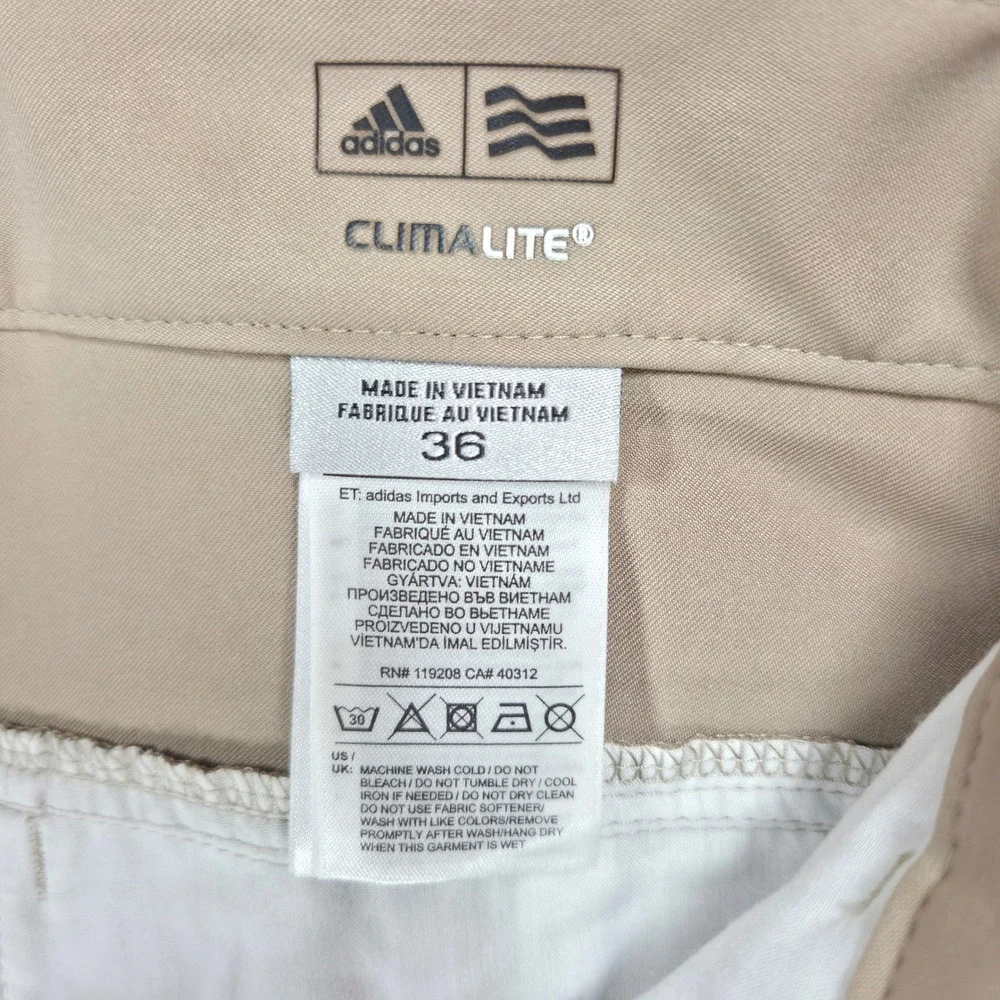 Adidas Mens Climalite Golf Pants Khaki Tan Beige Stretch 3-Stripe 36 x 38 NEW